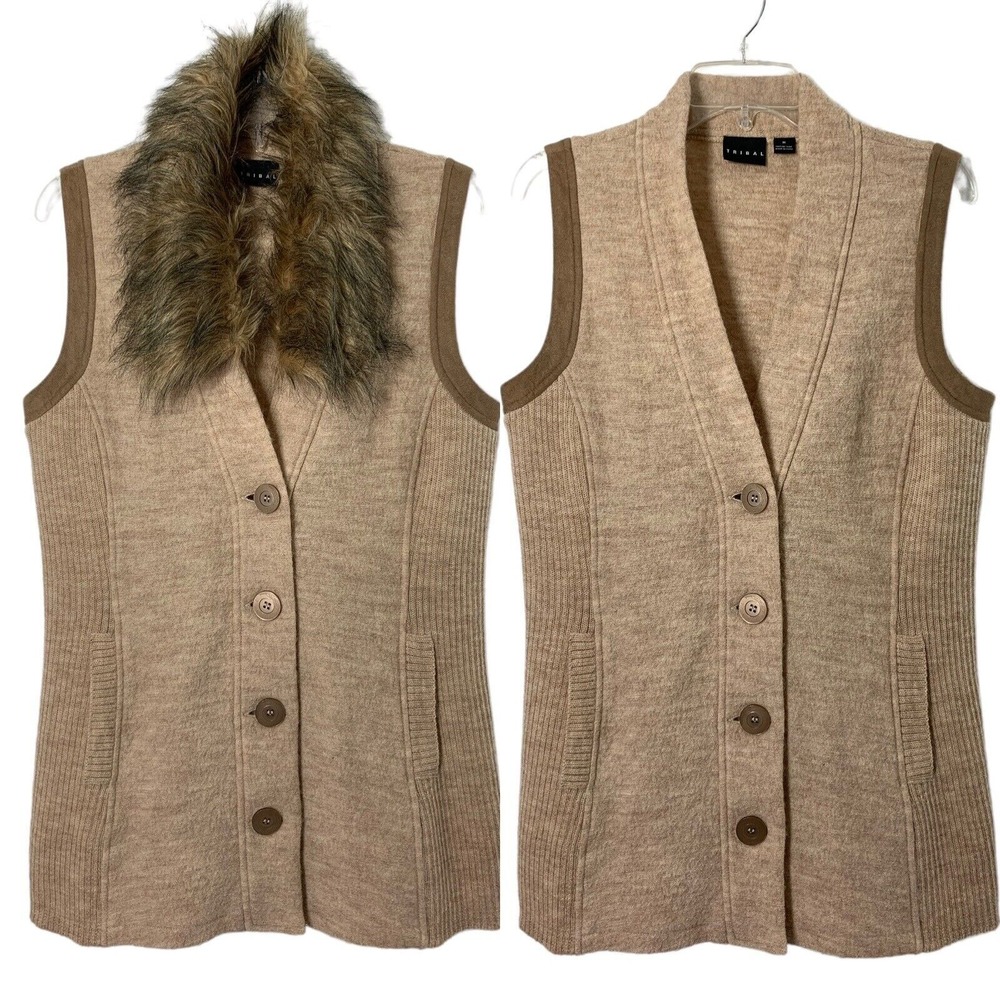 TRIBAL Sweater Vest Womens Medium Beige Wool Knit Removable Faux Fur Collar